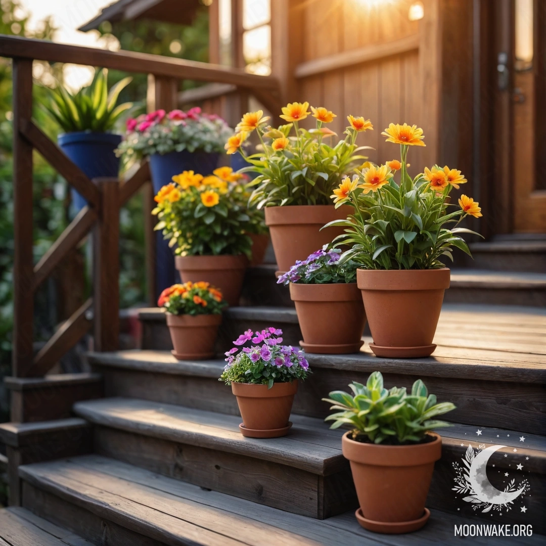 Flowerpots on a Wooden Staircase at Sunset A wooden staircase adorned with flowerpots during sunset.
