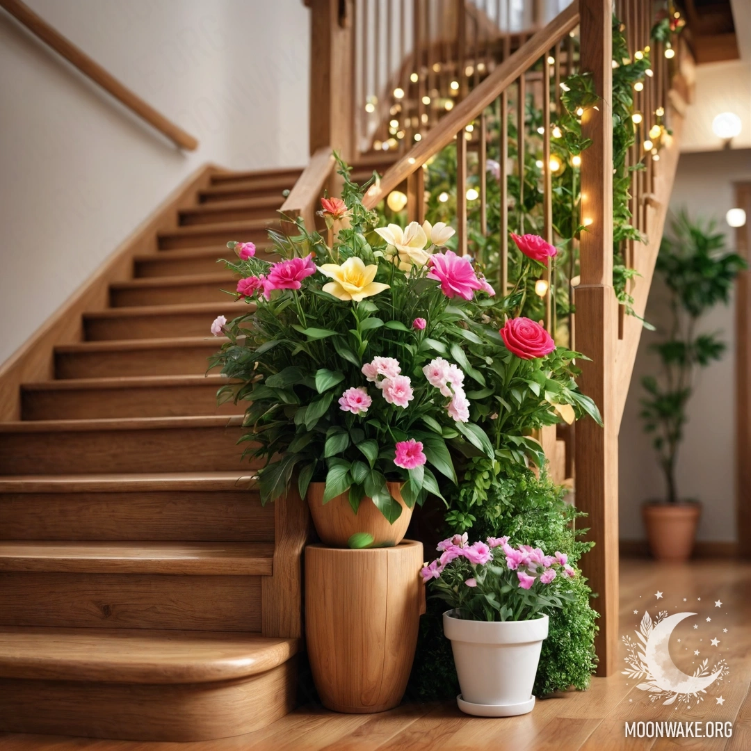 Flowerpots on Wooden Staircase with Garland Lights A wooden staircase adorned with flowerpots and garland lights.