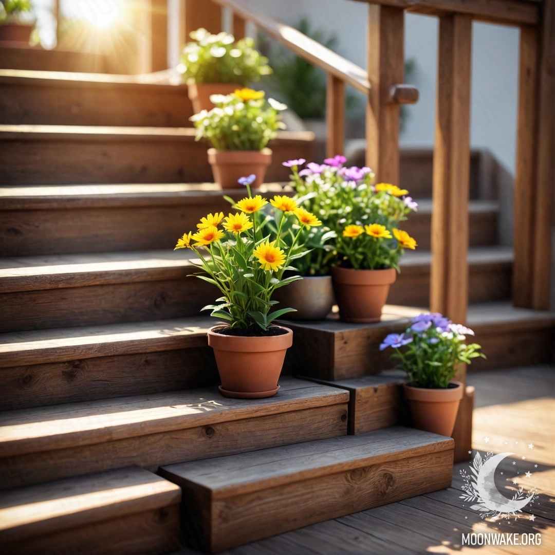 Flowerpots on a Wooden Staircase A wooden staircase adorned with flowerpots illuminated by sunlight.