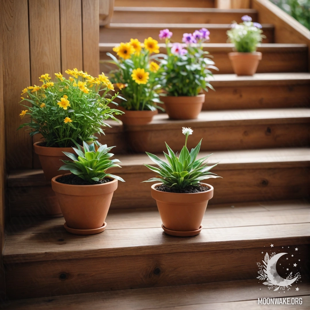 A photorealistic scene of flowerpots with lenses placed on a wooden staircase.