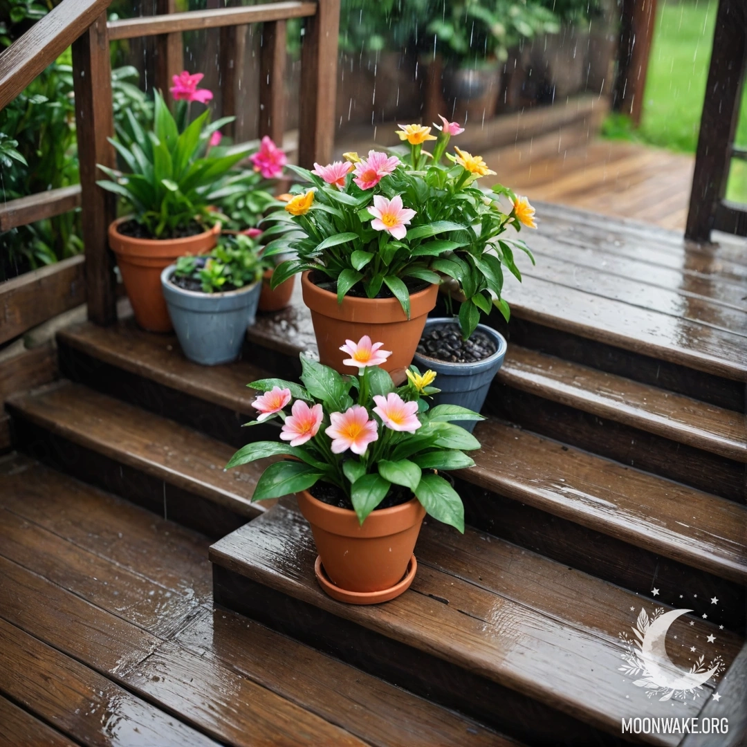 Flowers and Rain on Wooden Steps A wooden staircase adorned with flowerpots under gentle rain.