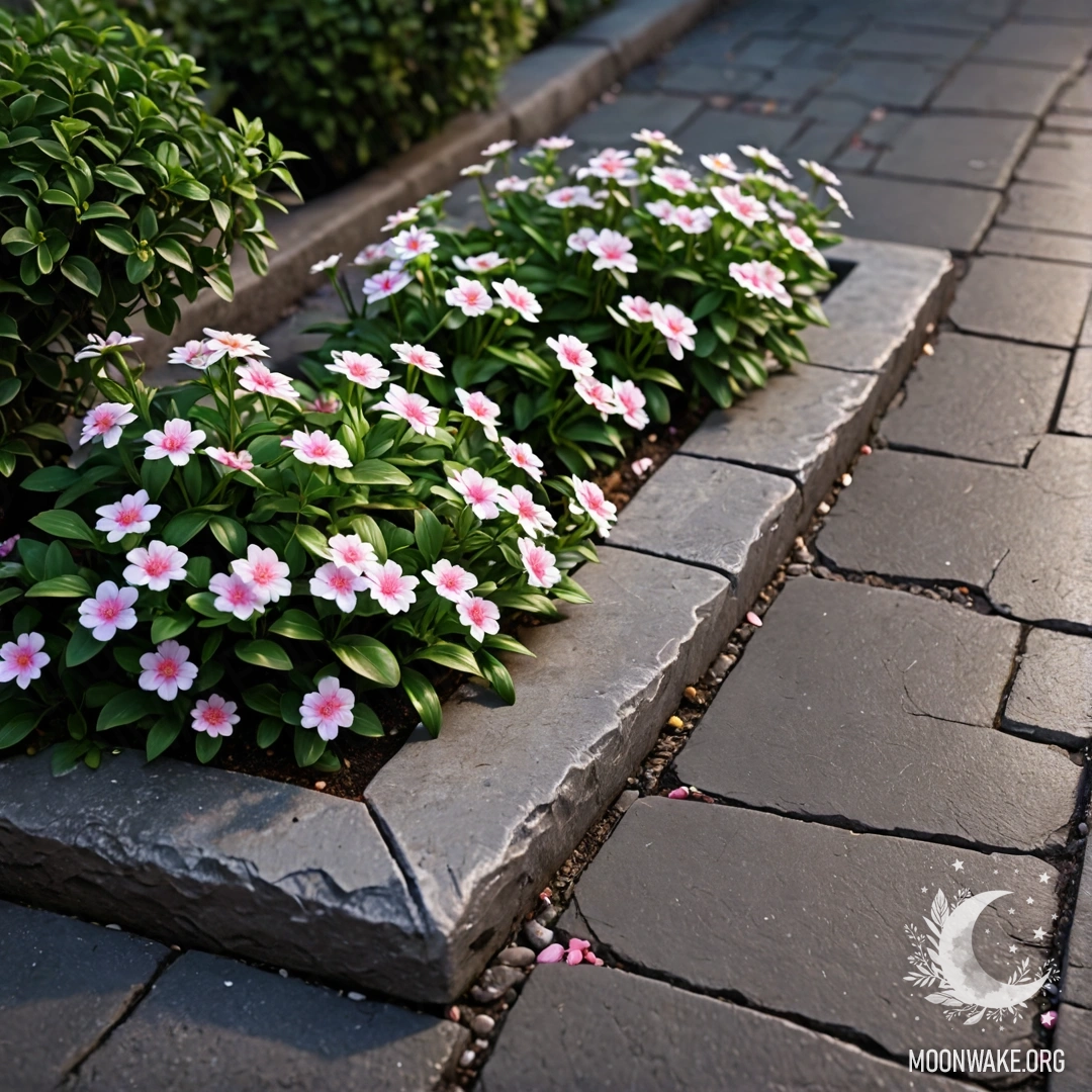 Flowers by the Shabby Stone Curb at Night A shabby stone curb with small white and pink flowers growing behind it at night.