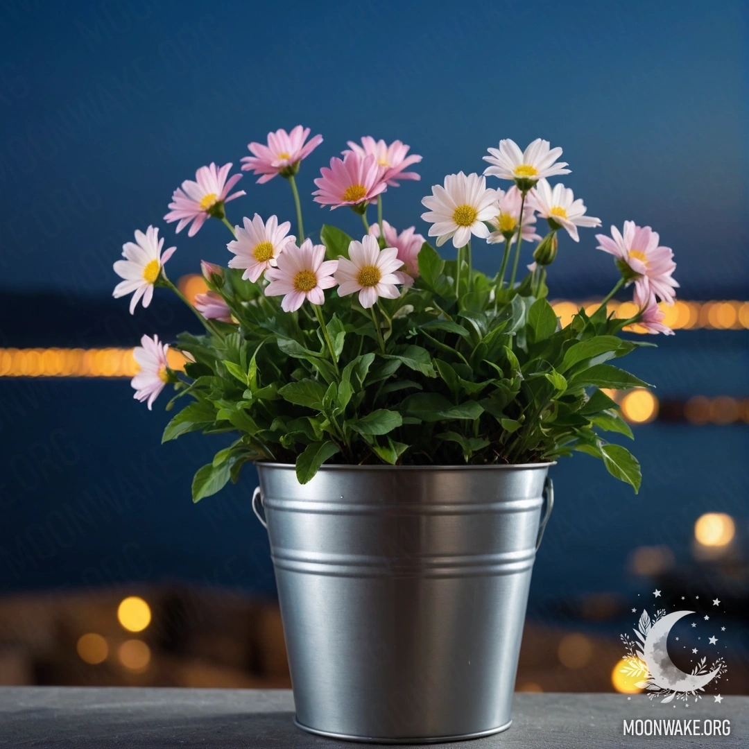 A metal flowerpot shaped like a small bucket holding beautiful flowers against a blurry sea background at night.