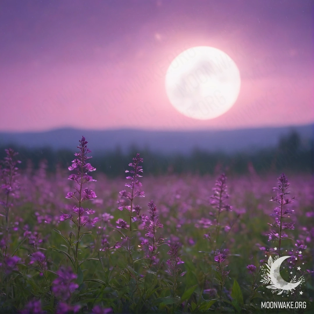 Close-up of flowers in a calm field with a pink violet sky and moon.