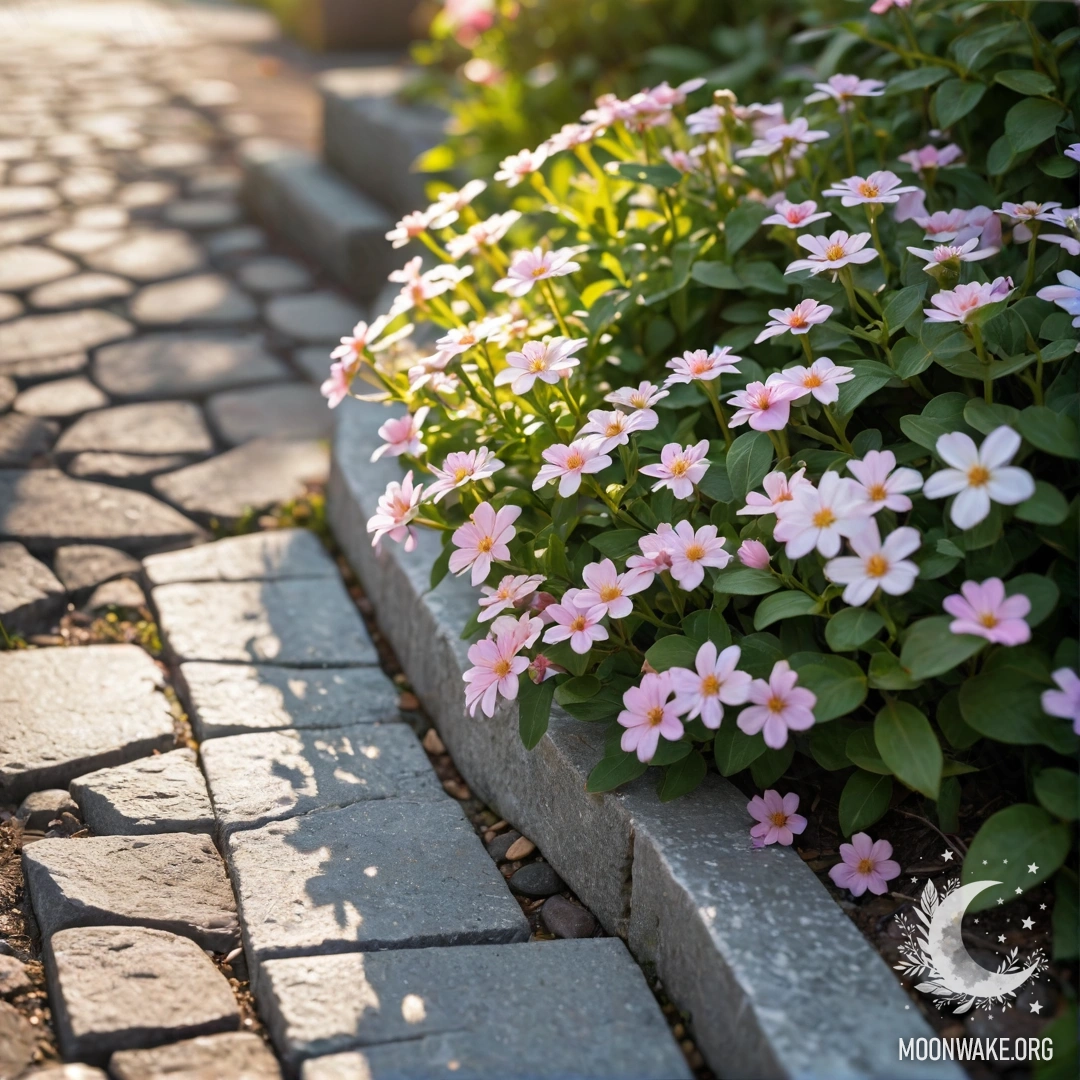 Basking Flowers on a Stone Curb A shabby stone curb with small white and pink flowers growing behind it, illuminated by sun rays.