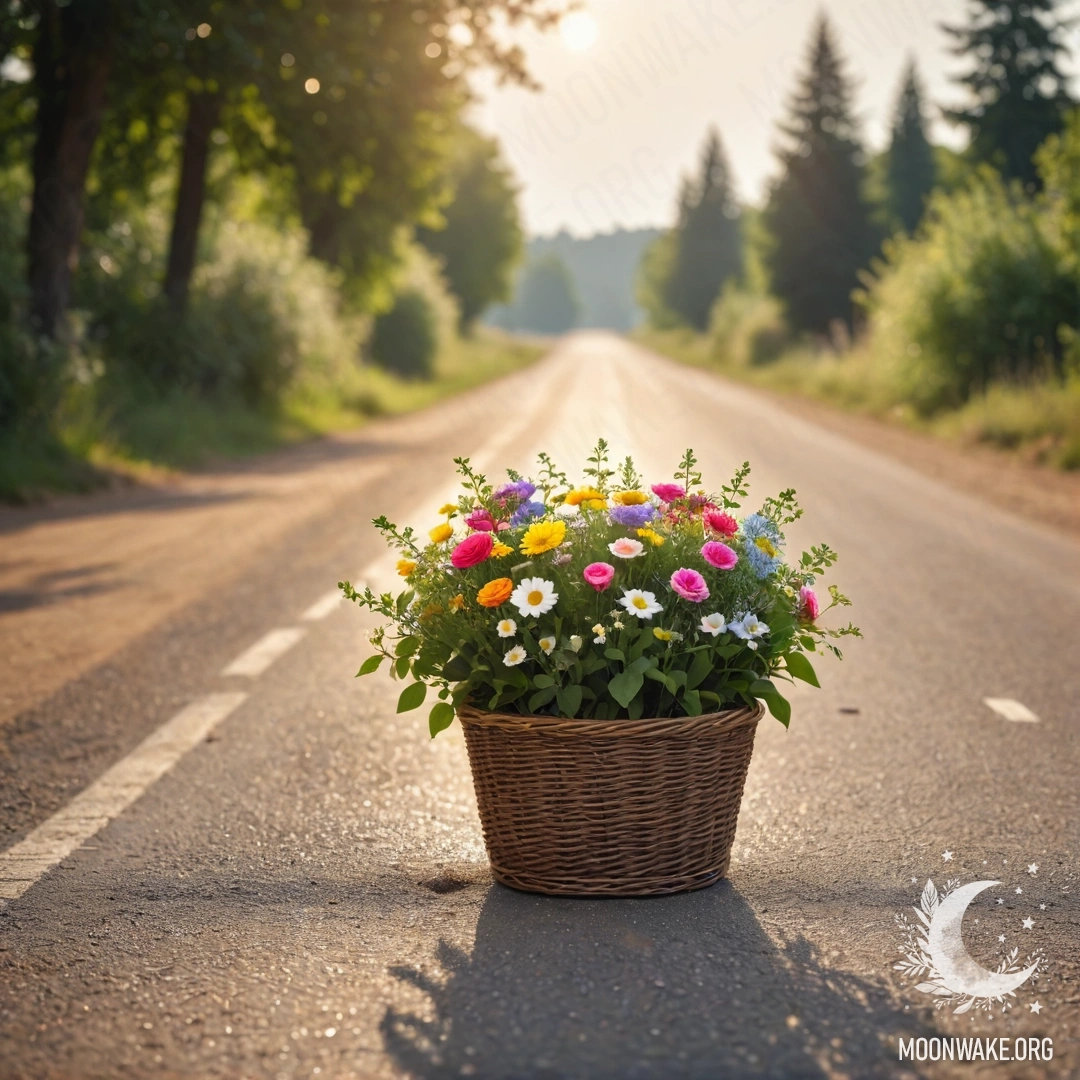 A basket of flowers placed on a dirt road with a soft bokeh background of trees adorned with garland lights.