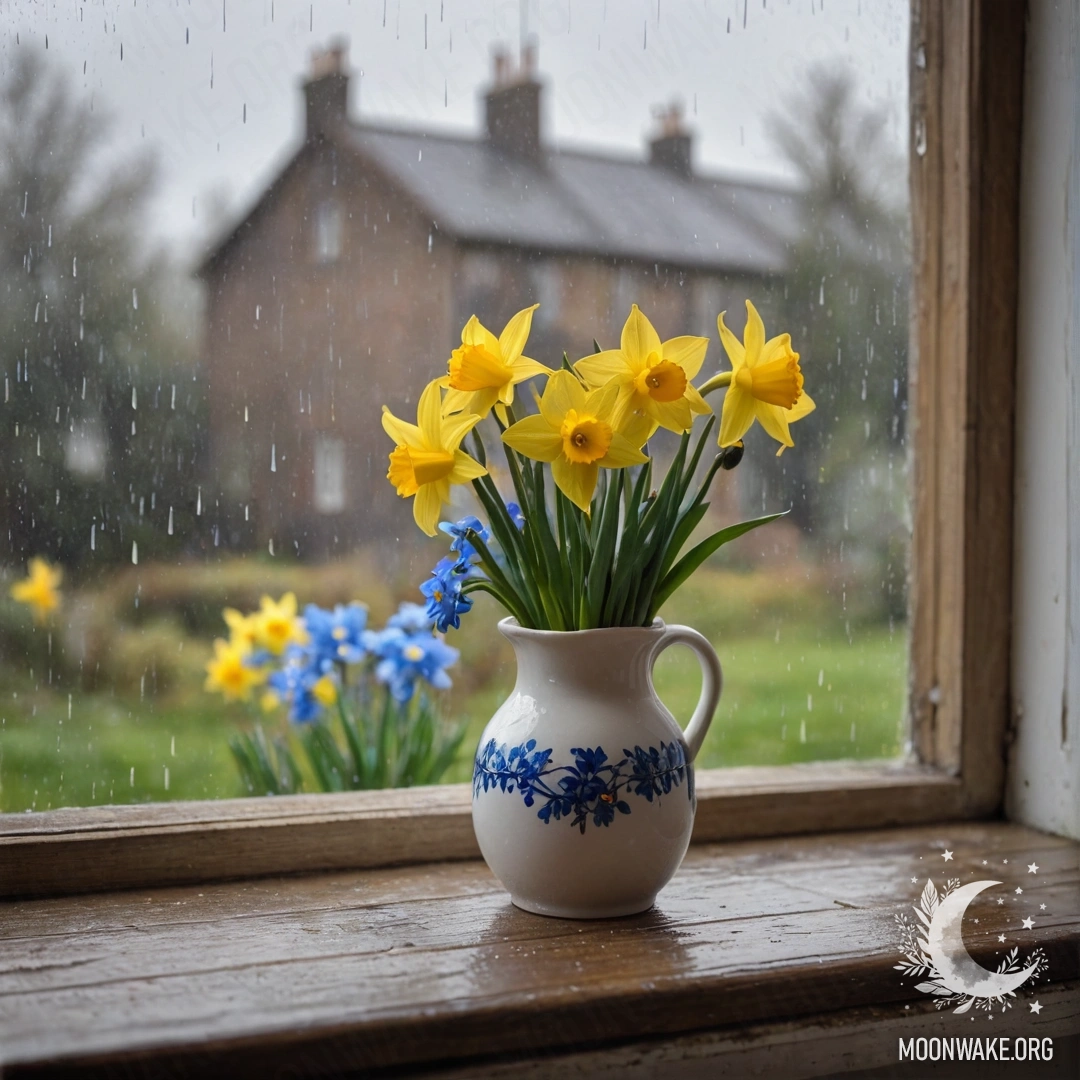 A shabby wooden window sill with a white porcelain vase holding daffodils and forget-me-nots under the rain.