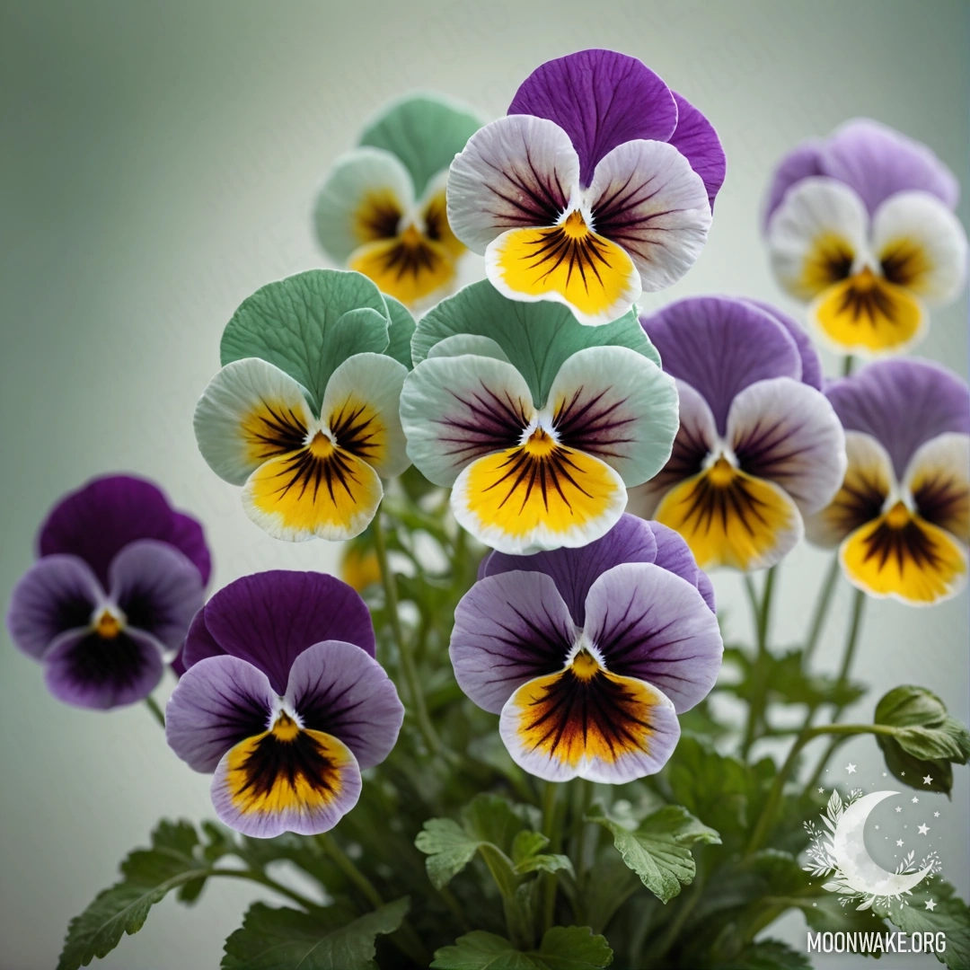 A bouquet of pansies in mint color, enveloped in fog.