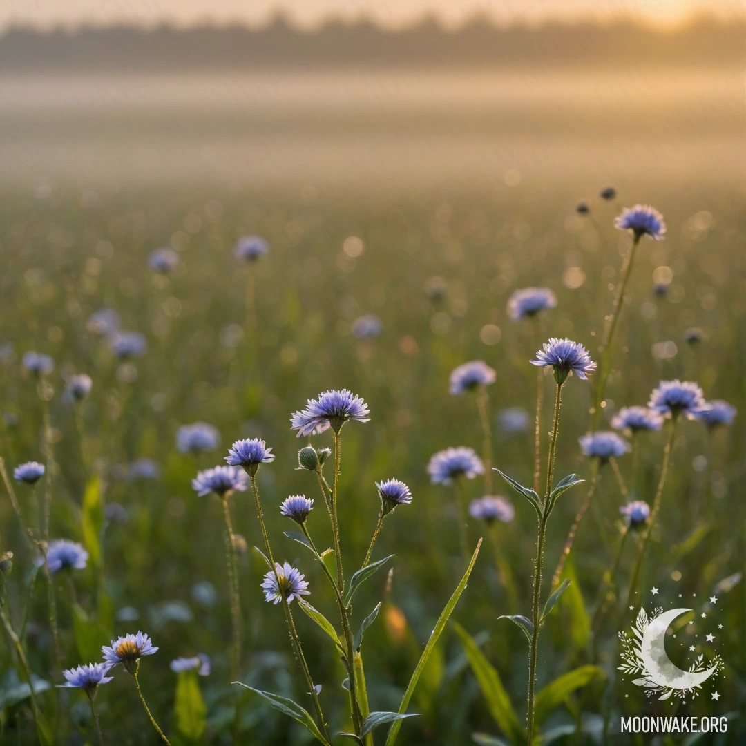 Close-up of field flowers in a foggy setting at sunset with rain.