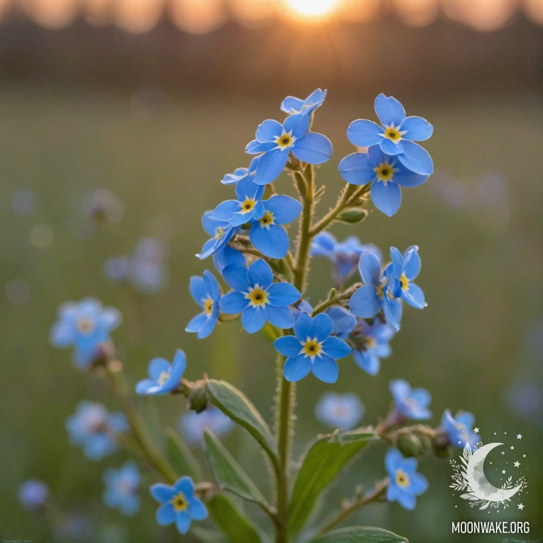 A serene scene featuring forget-me-nots illuminated by the sunset, adorned with sparkling rhinestones in soft sage color.