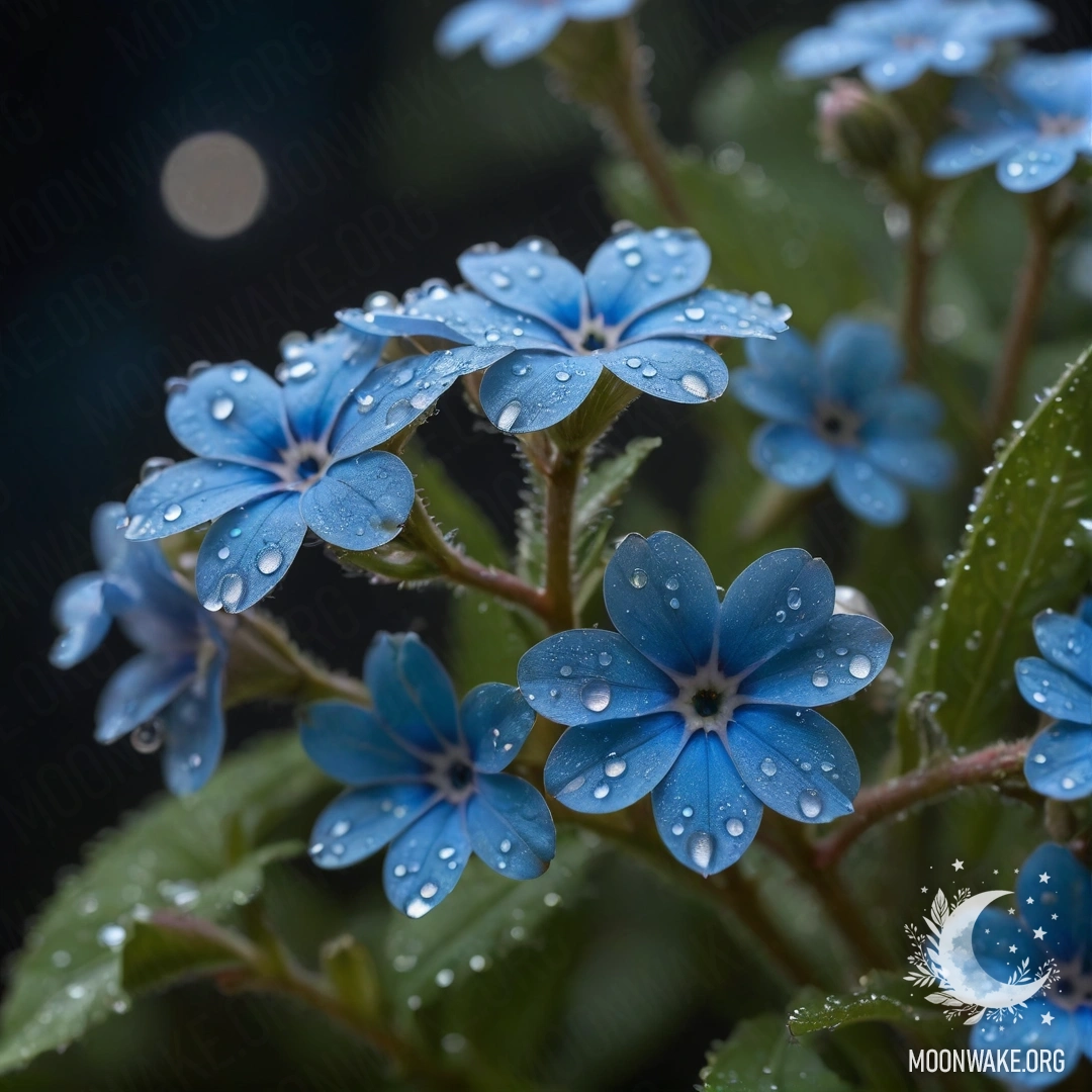 A close-up of delicate forget-me-nots with dew drops at night, featuring rhinestones.