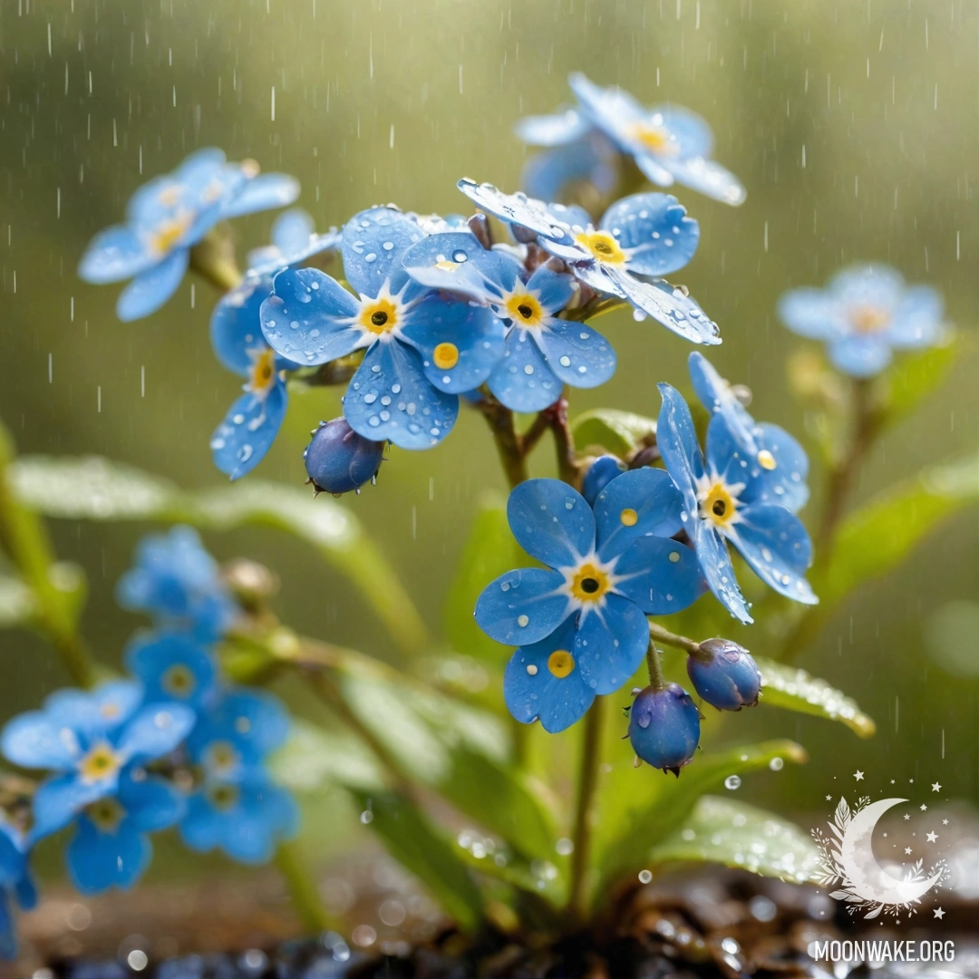 A serene scene of forget-me-nots surrounded by mist and rain, illuminated by sunny rays and adorned with rhinestones.