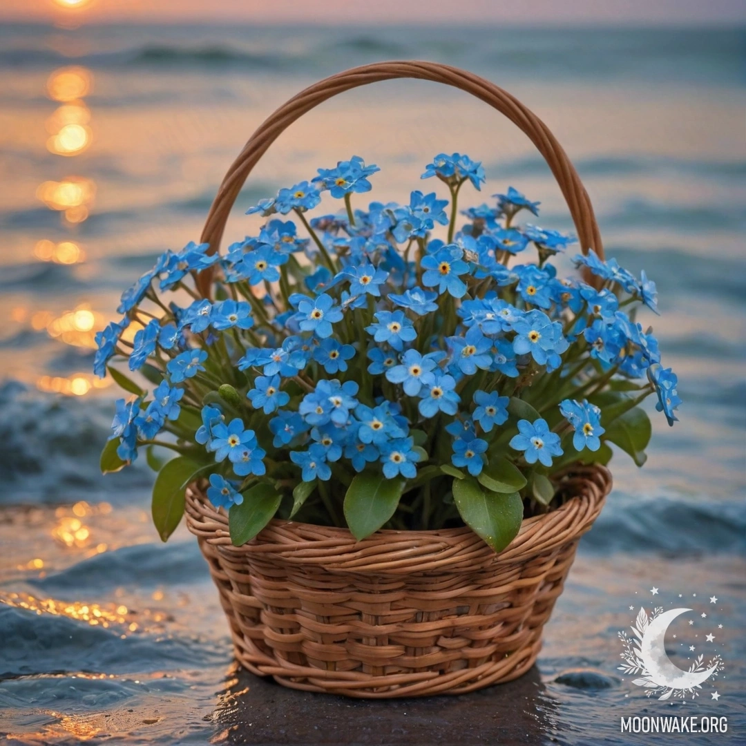 Forget-Me-Nots in a Rainy Sunset Basket A basket filled with beautiful forget-me-nots under the rain at sunset.