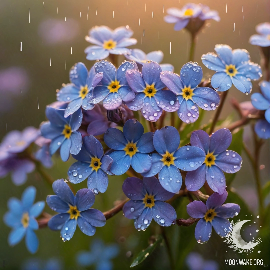 A beautiful scene of purple forget-me-nots under rain at sunset, decorated with rhinestones.