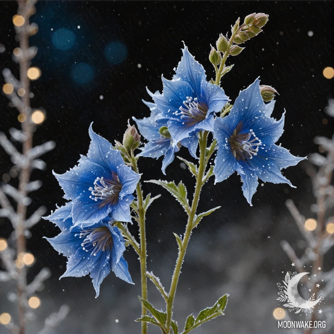 A delicate delphinium flower covered in frost at night, with a coffee color hue and a touch of glitter.