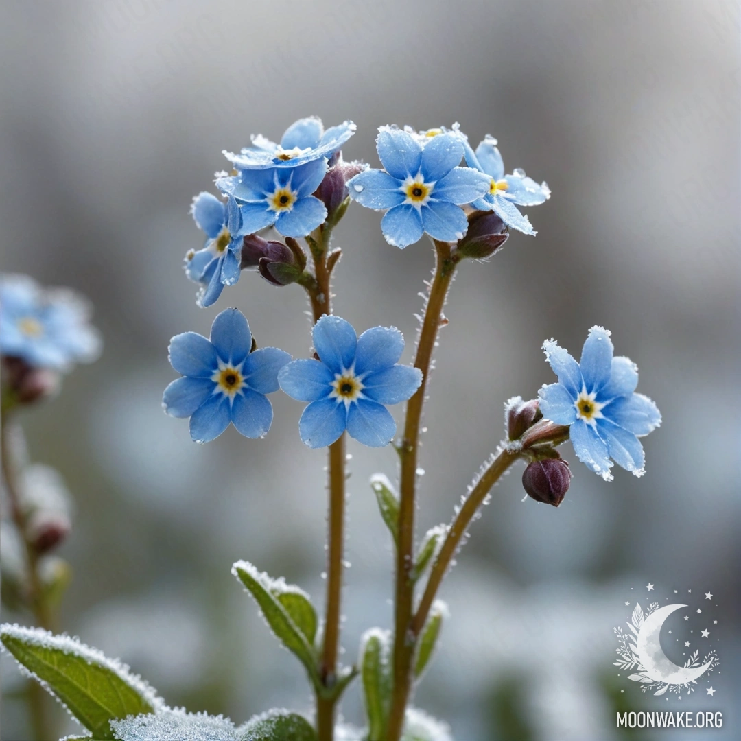 A serene composition featuring forget-me-nots surrounded by frost patterns in soft sky blue.