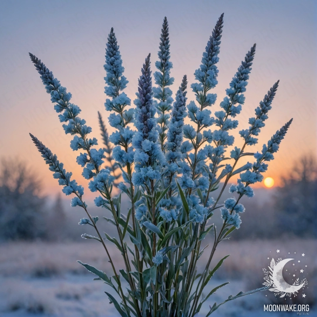 Frosted Heather Bouquet at Sunset A bouquet of heather in frost against a sunset sky blue background.