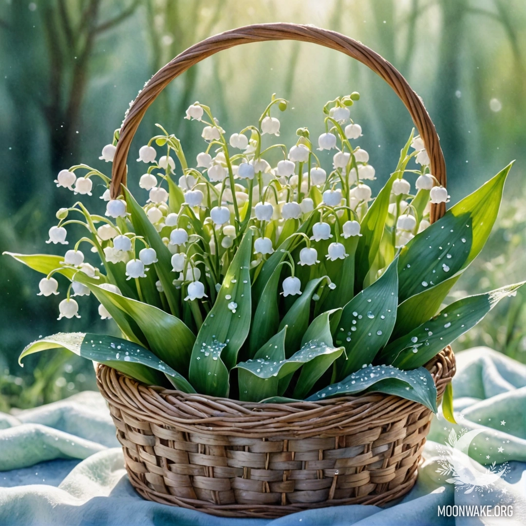 A basket filled with lily of the valley flowers covered in frost, illuminated by sunny rays.