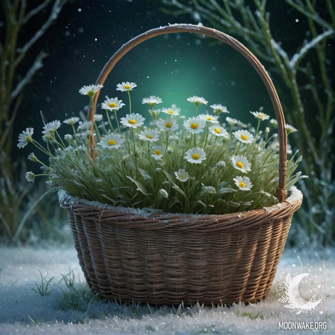 Frosted Wildflowers in a Basket at Night A basket filled with peaceful wildflowers covered in frost at night.
