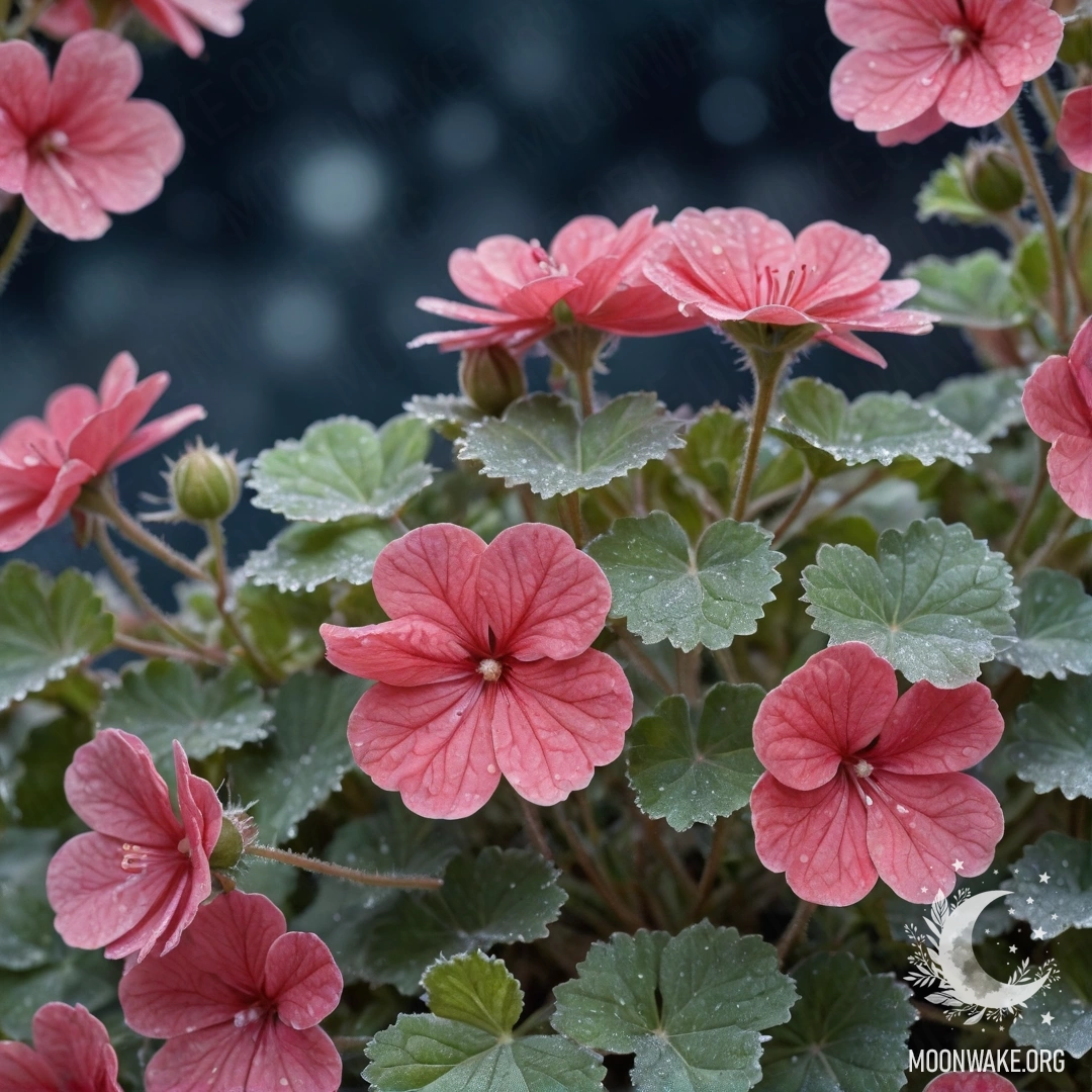 A serene geranium covered in frost against a dark, olive-colored background, painted in delicate watercolor.