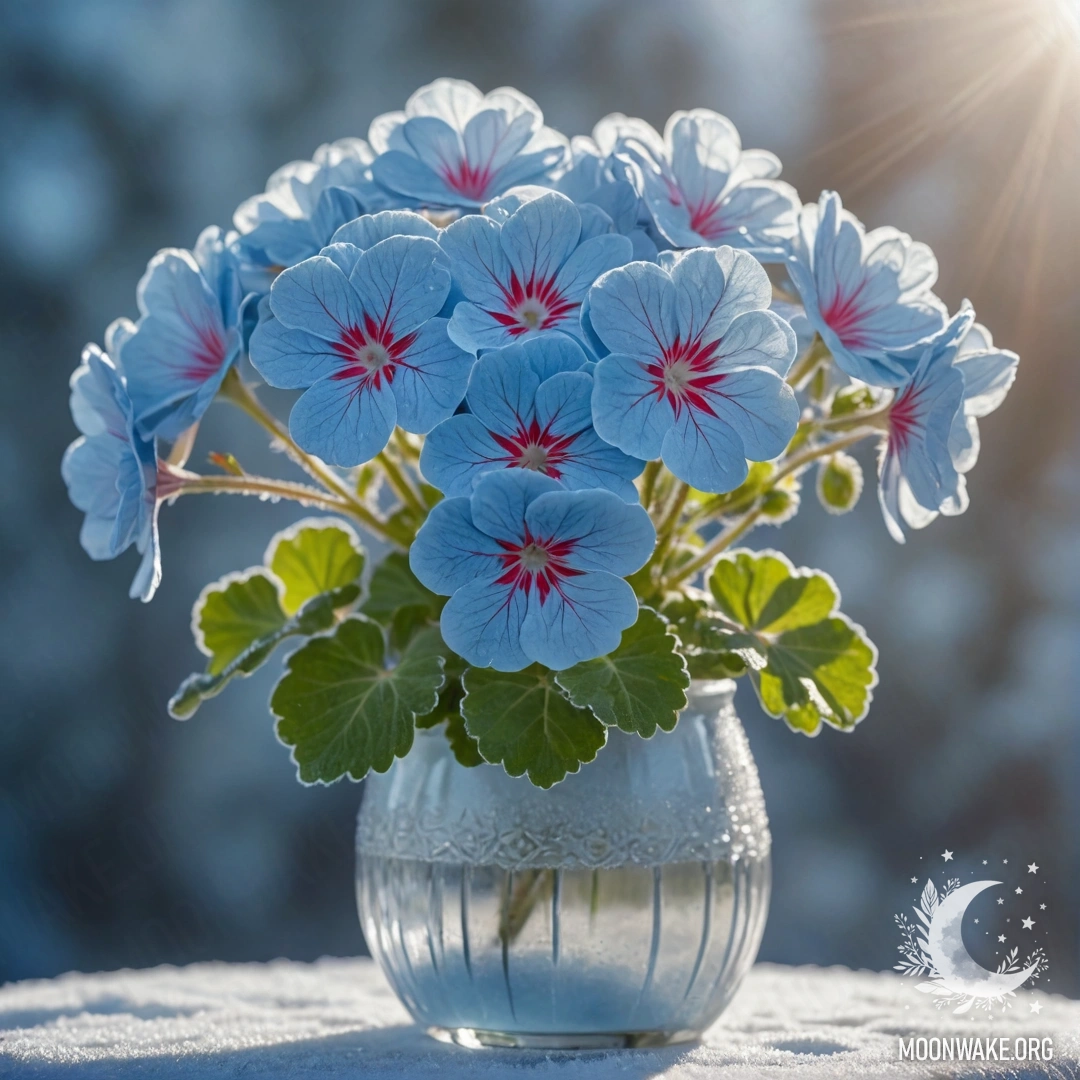 A beautiful geranium in frost, illuminated by sunny rays in a blue vase.