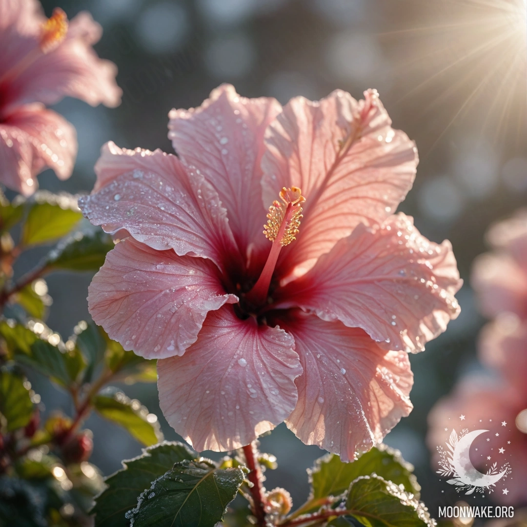 Frosty Hibiscus with Sunshine A pink hibiscus flower covered in frost, illuminated by sunlight, with sequins reflecting the light.