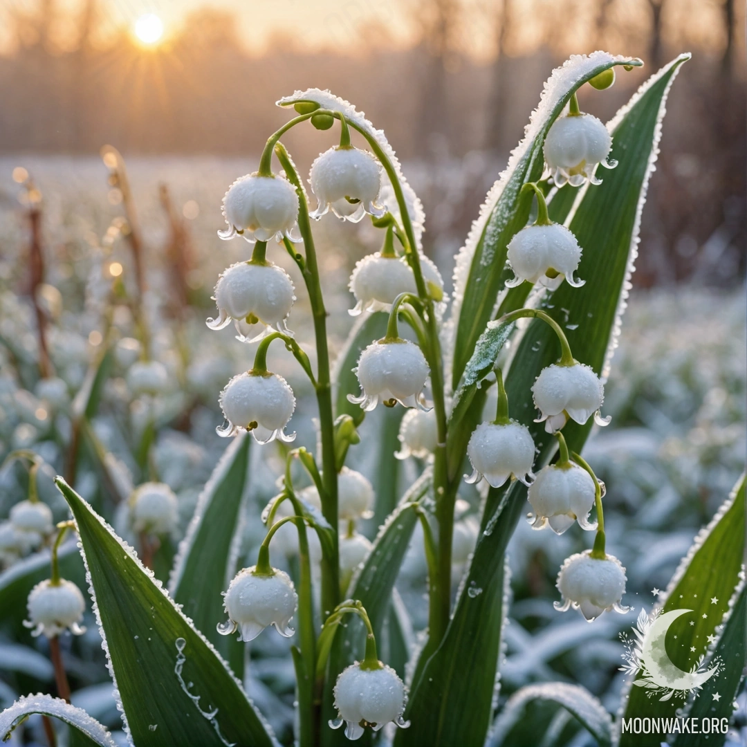 A serene scene of lily of the valley blossoms covered in frost under a sunset sky.