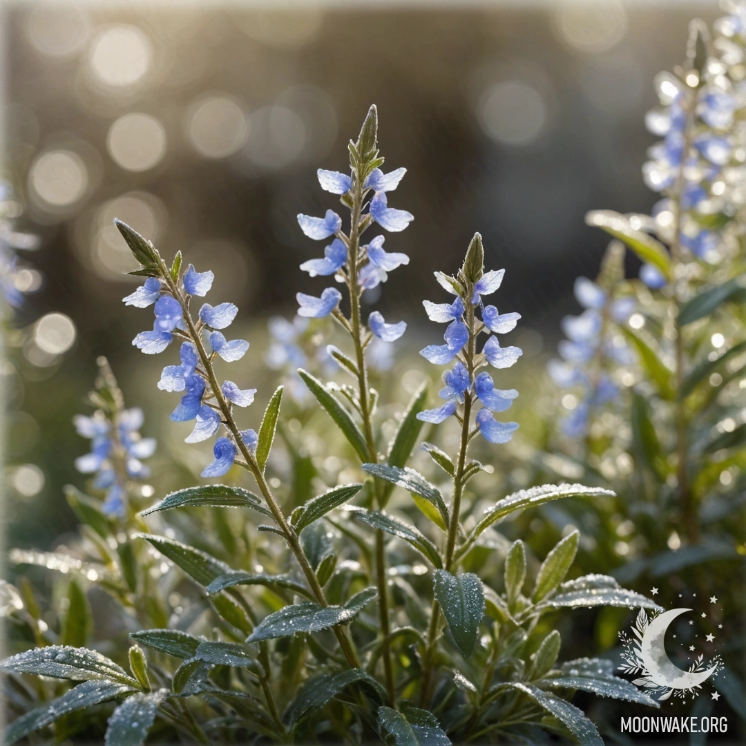 A delicate sweet lobelia covered in frost, illuminated by warm sunlight, alongside shimmering sequins in olive tones, featuring Japanese calligraphy.