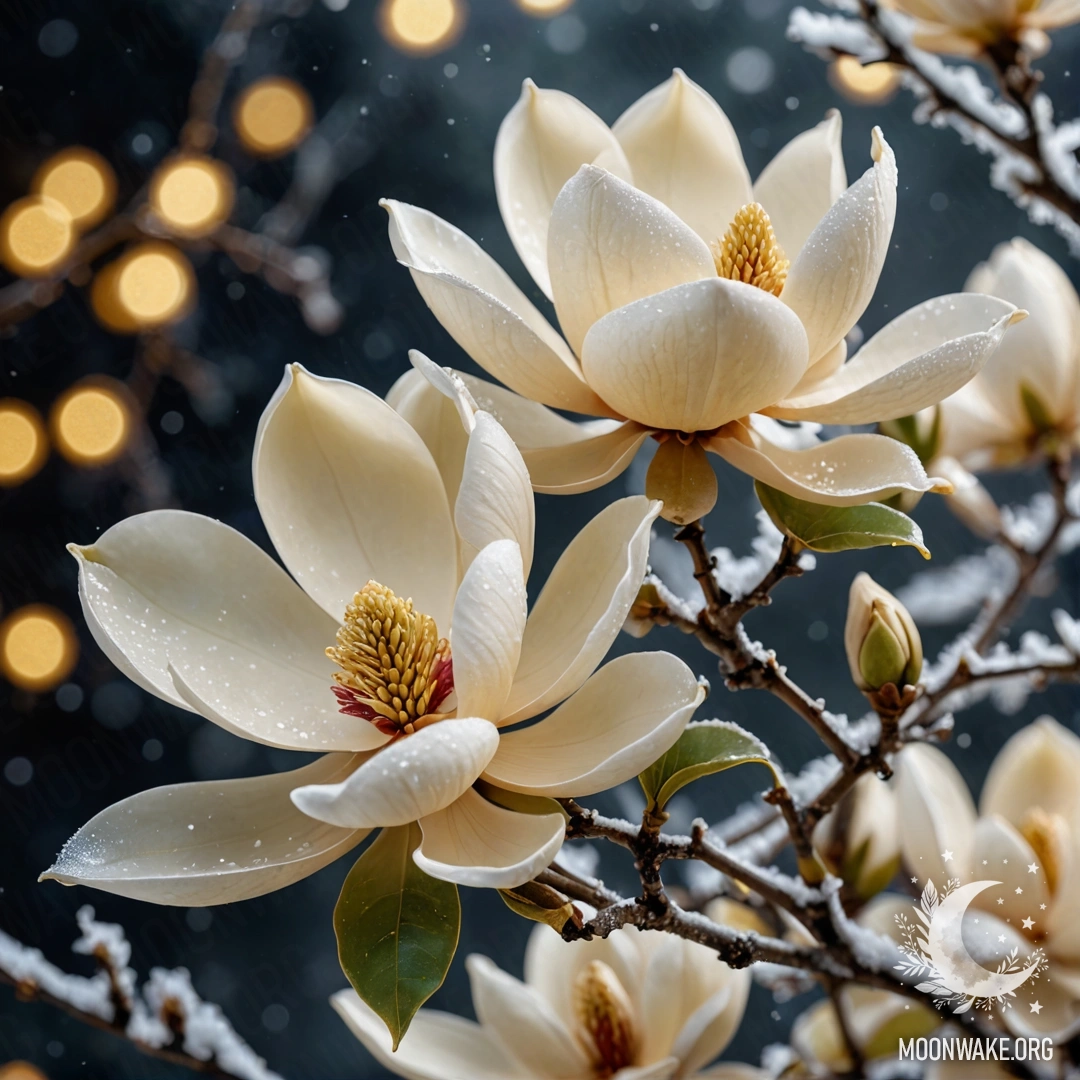A beautiful magnolia flower covered in frost at night with sequins.