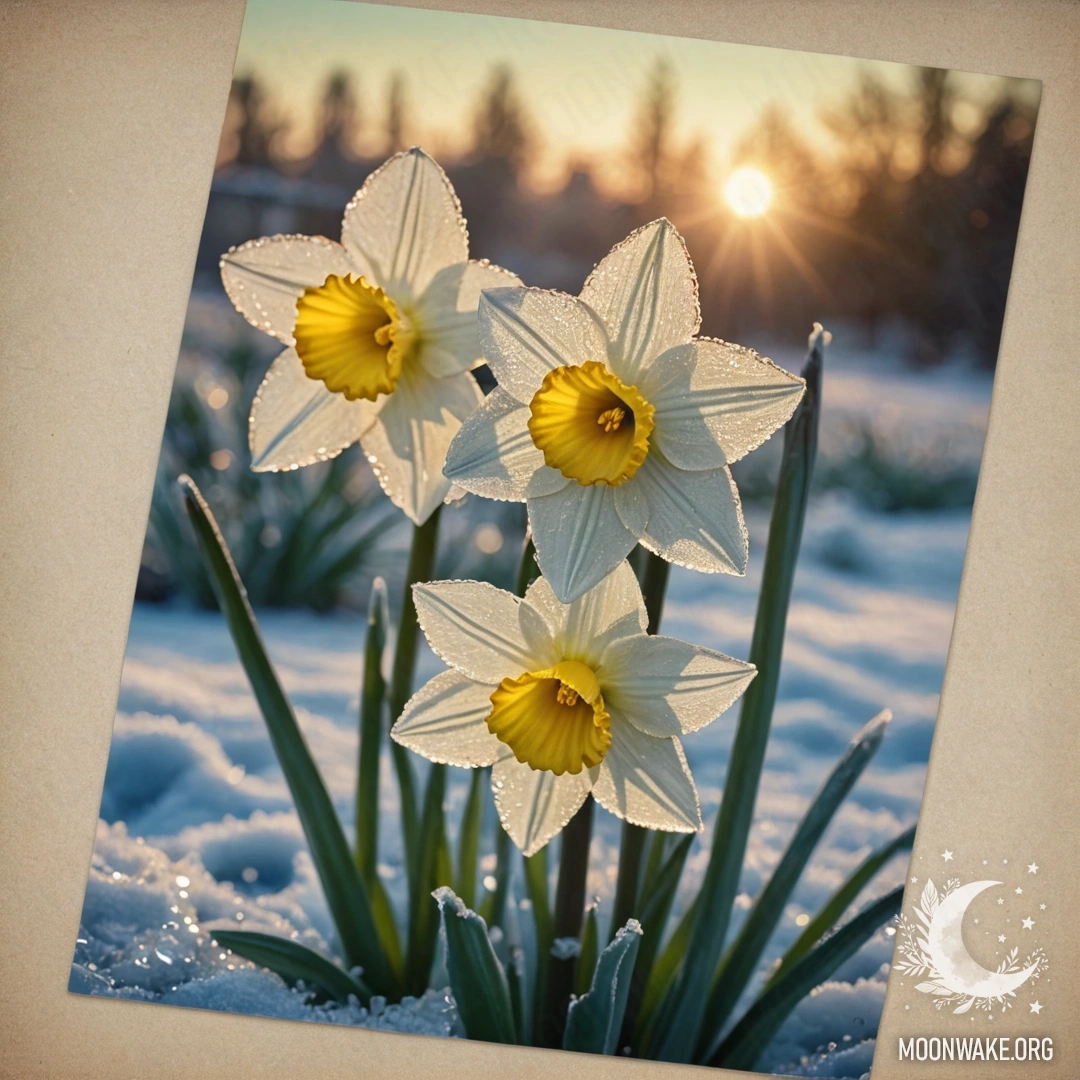 A beautiful narcissus flower covered in frost, glowing at sunset, adorned with lime-colored rhinestones.