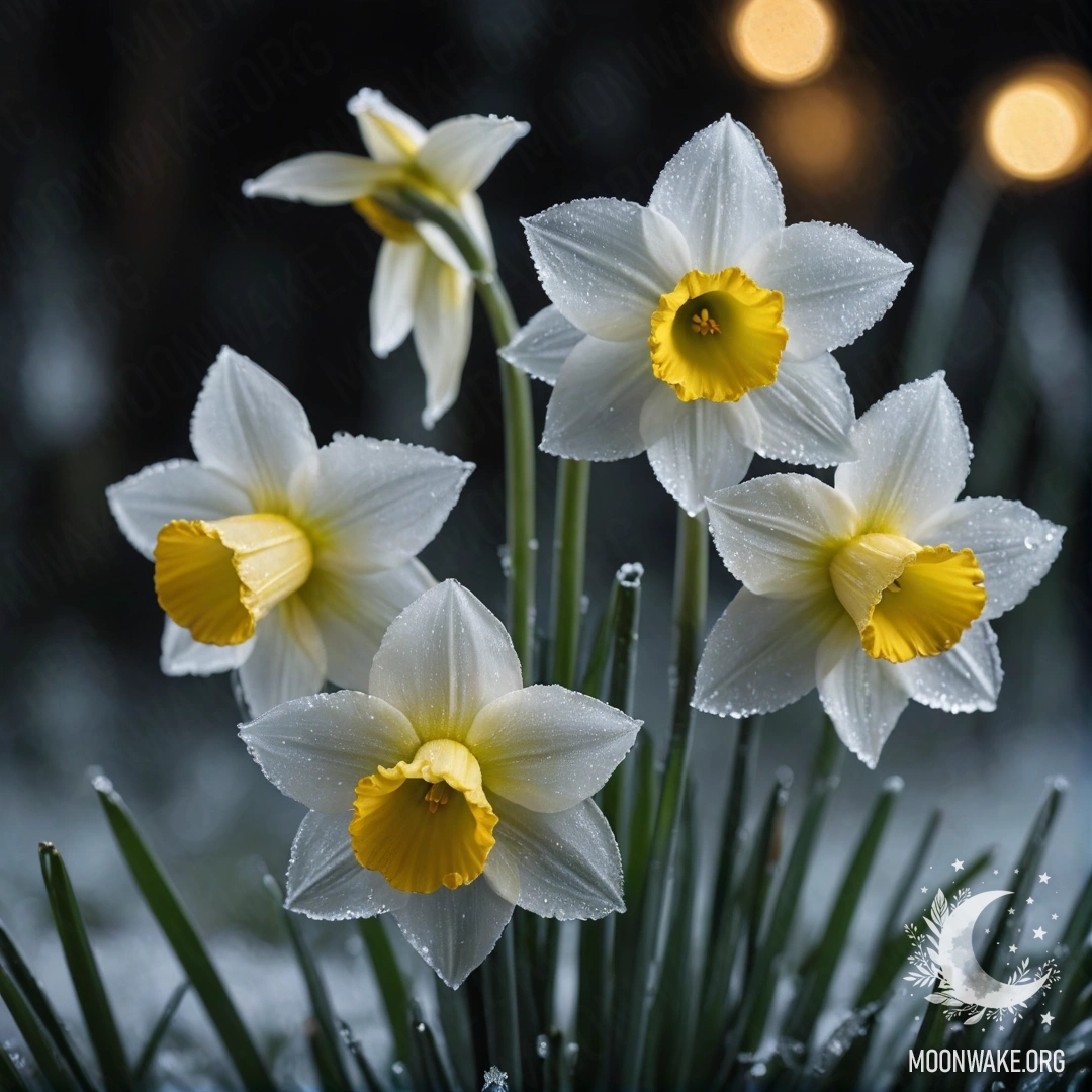 A bouquet of lime-colored narcissus flowers covered in frost at night.