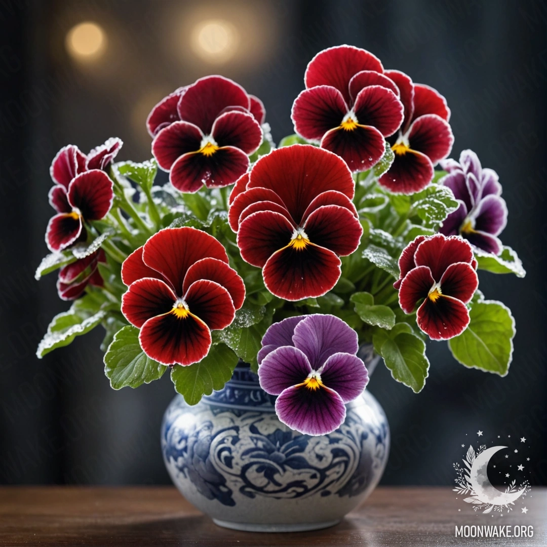 A beautiful vase containing red pansies covered with frost at night.