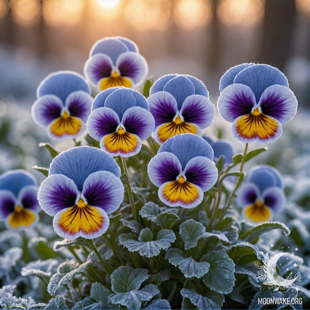 Beautiful blue pansies surrounded by frost at sunset.