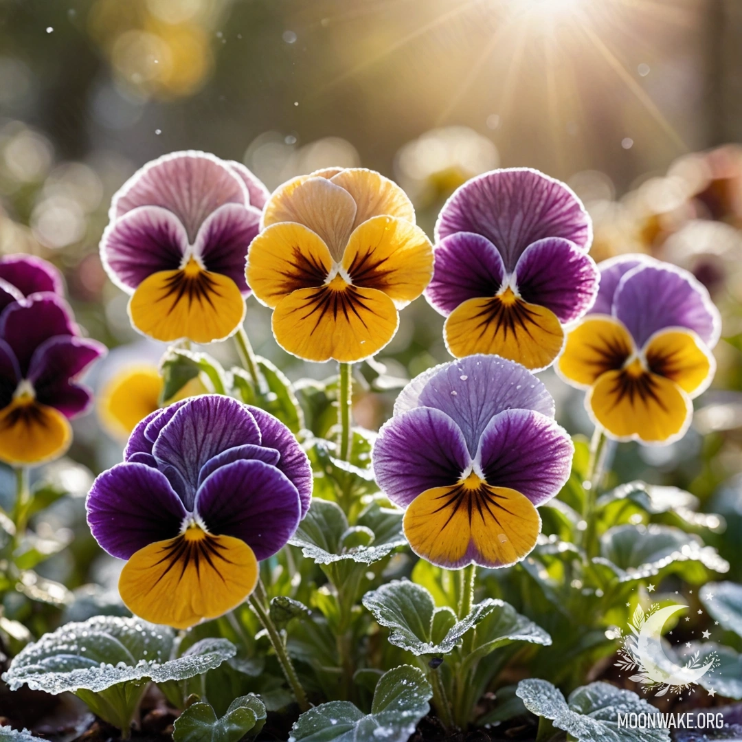 A close-up of delicate pansies covered in frost, illuminated by warm sunlight.