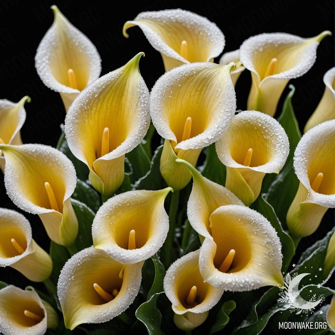 A bouquet of beautiful yellow calla lilies resting in frost at night.
