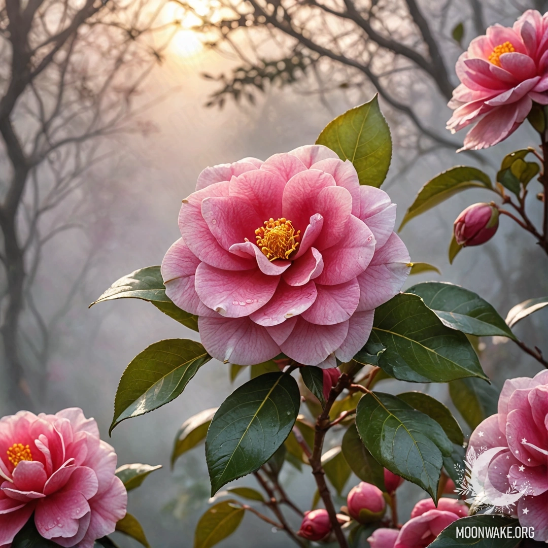 A vibrant fuchsia camellia bouquet immersed in soft fog and sunlight.