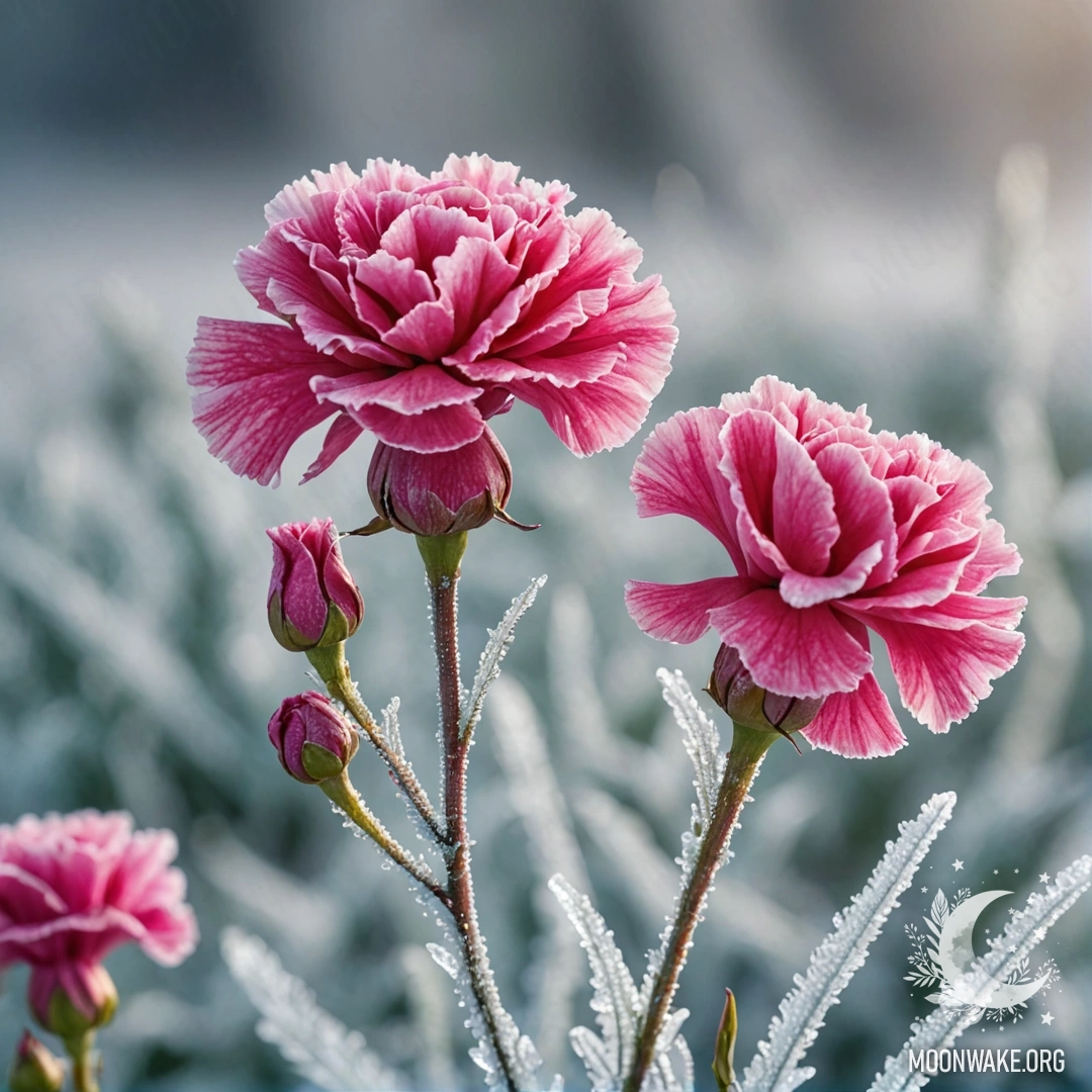 A fuchsia carnation stands out against a frosty backdrop.