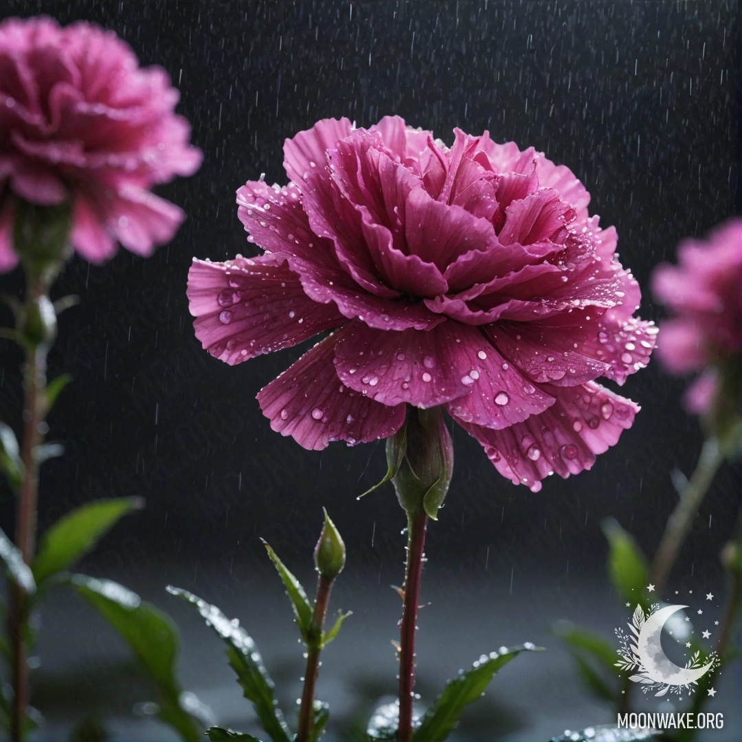 A fuchsia carnation surrounded by mist and rain at night, embellished with sequins.