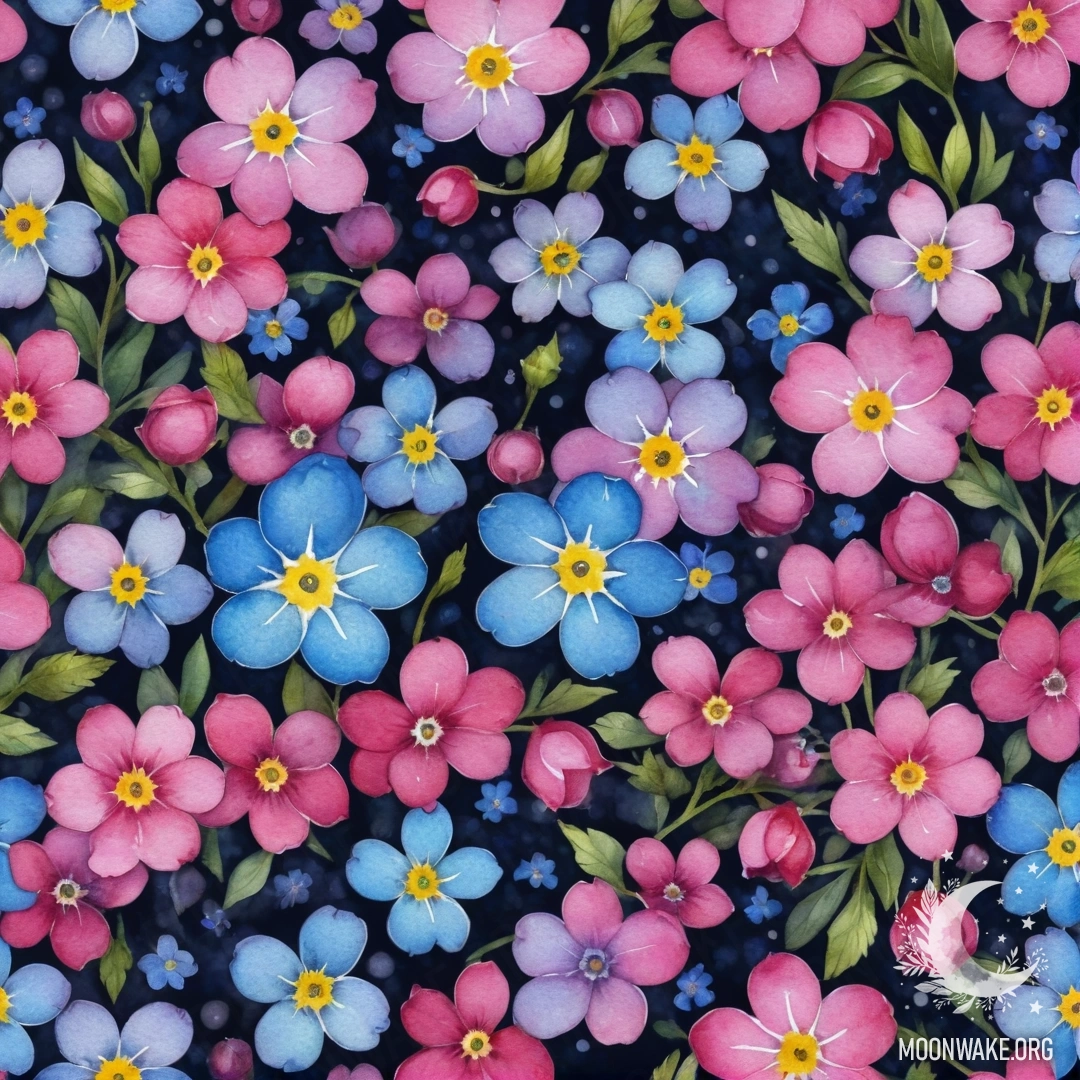 A watercolor painting of fuchsia forget-me-nots against a night background.