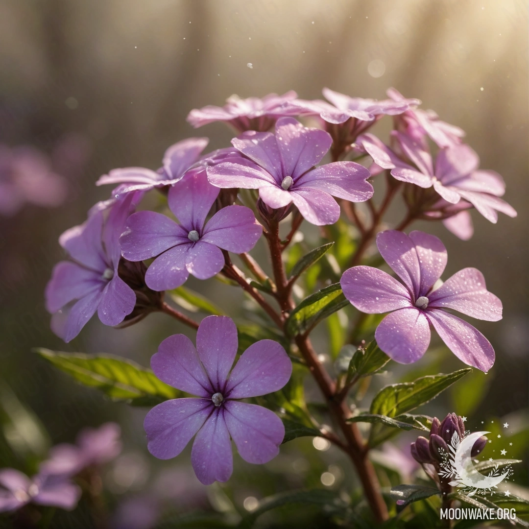 A fuchsia gladiolus flower covered in frost, illuminated by sunlight.