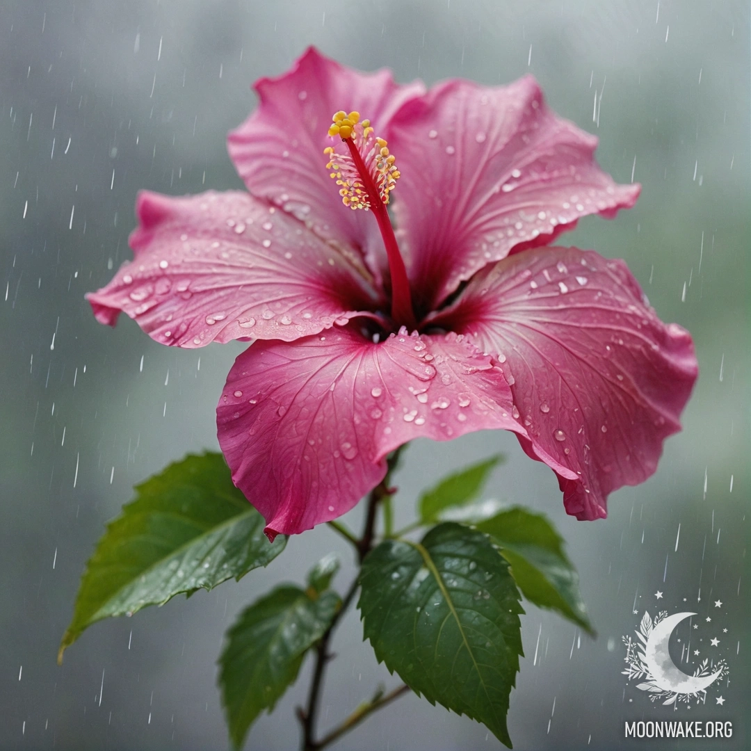 A fuchsia hibiscus flower surrounded by mist and rain, creating a serene atmosphere.