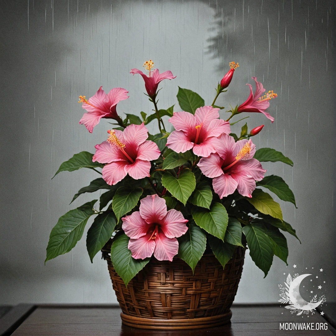 Fuchsia Hibiscus in Rainy Mist A fuchsia hibiscus flower in a basket, surrounded by mist and rain.