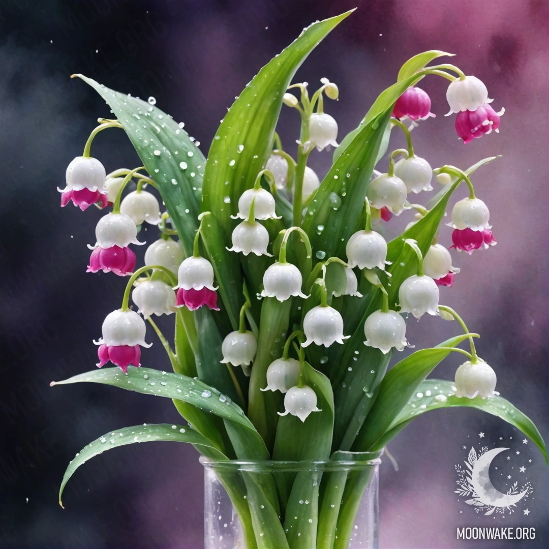 A delicate fuchsia lily of the valley in a vase, shrouded in mist and rain at night.