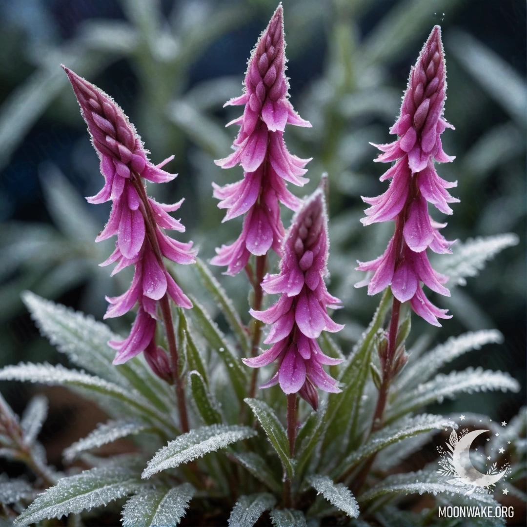 Fuchsia Lobelia in Frosty Night A vibrant fuchsia lobelia covered in frost at night, sparkling.