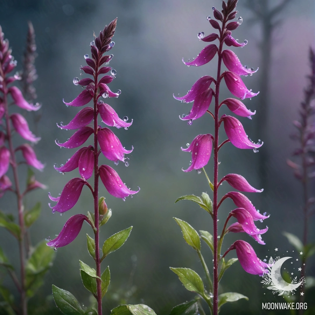 Fuchsia Lobelia in Night Fog with Rhinestones A vibrant fuchsia lobelia flower surrounded by fog at night with sparkling rhinestones.