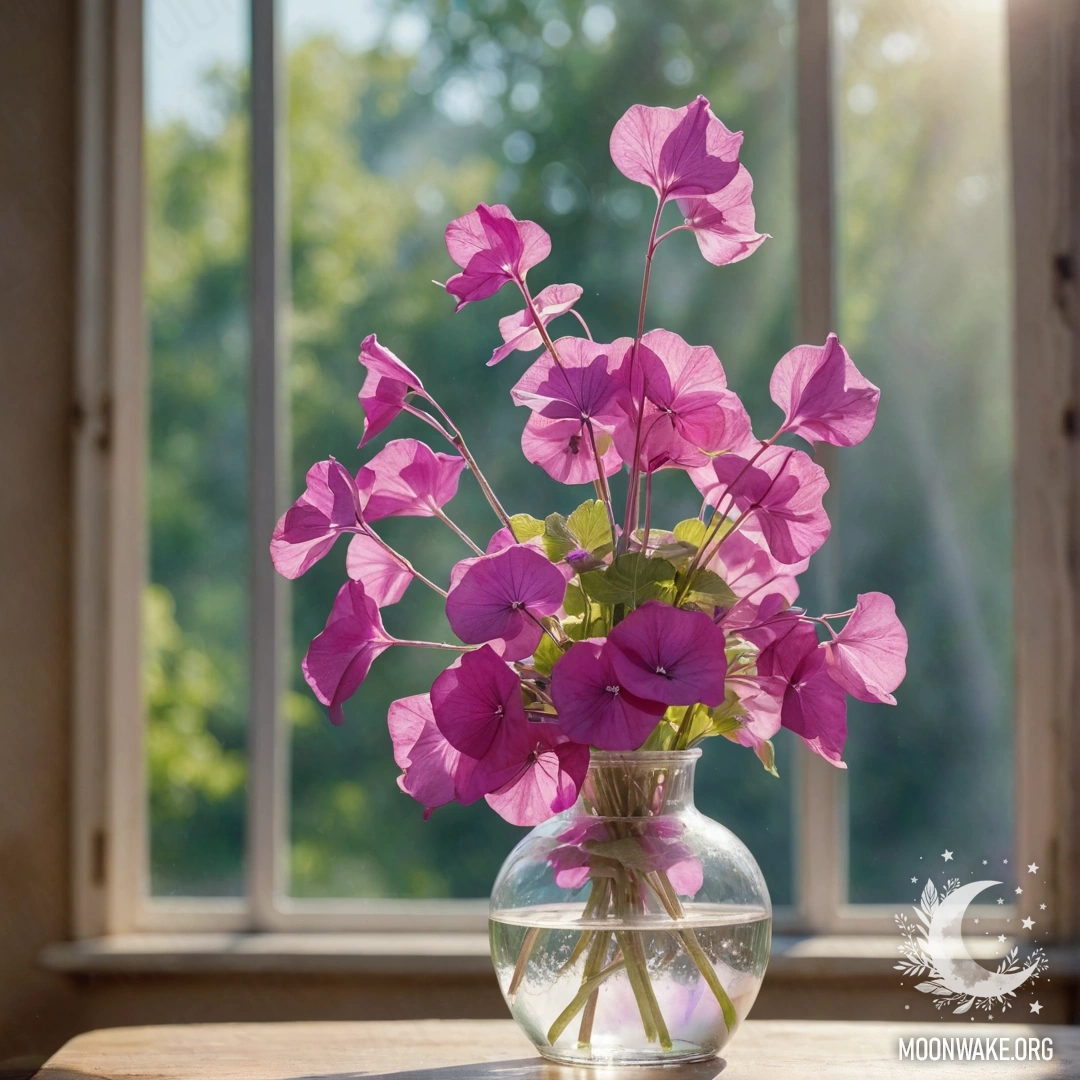 Fuchsia Lunaria in Sunlit Vase A vase filled with fuchsia-colored lunaria bathed in sunlight.