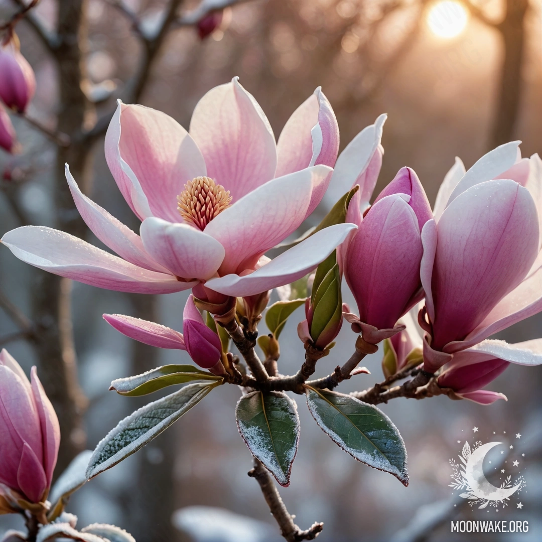 Fuchsia Magnolia Bouquet in Frosty Sunset A bouquet of fuchsia magnolias surrounded by frost at sunset.