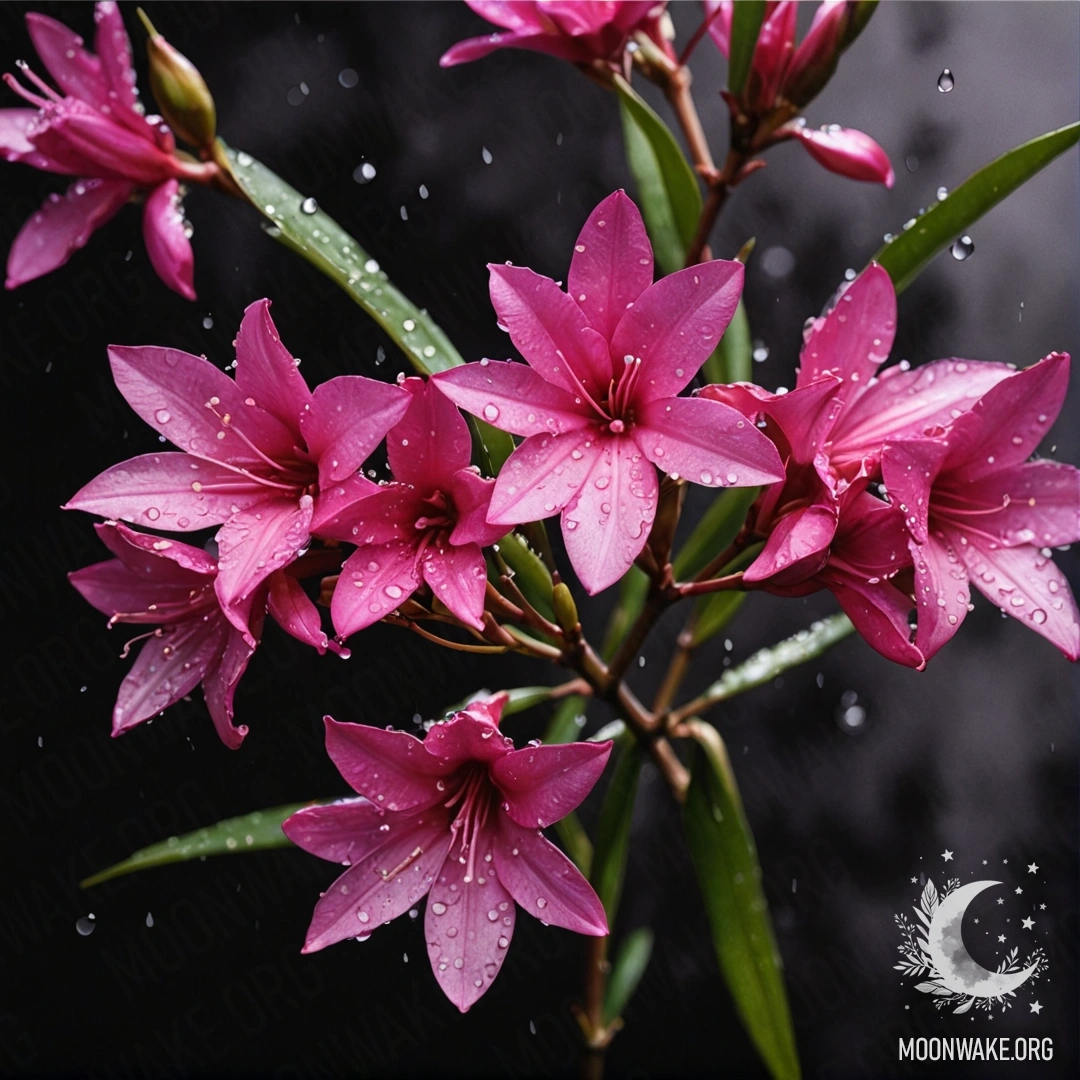 A close-up of fuchsia oleander flowers adorned with dew drops at night.