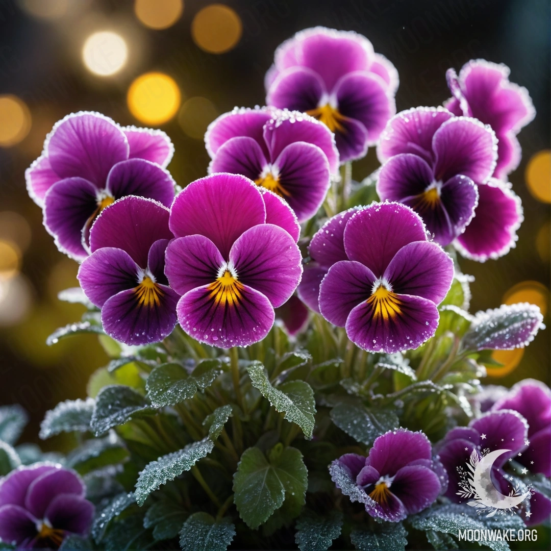 A bouquet of fuchsia pansies surrounded by frost at night.