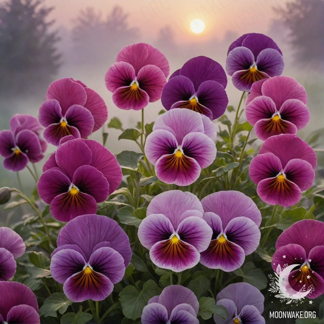 Fuchsia Pansies in Fog at Sunset A watercolor painting of fuchsia pansies in the fog at sunset.